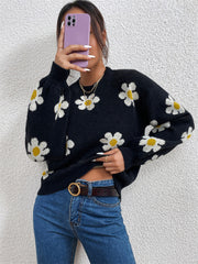 Floral Round Neck Solid Color Sweatshirt