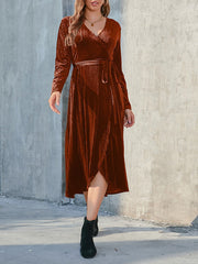Women's Dresses Corduroy Tie Long Sleeve Slit Dress