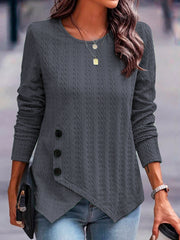 Casual Long Sleeve O-Neck Button Side Blouse Top