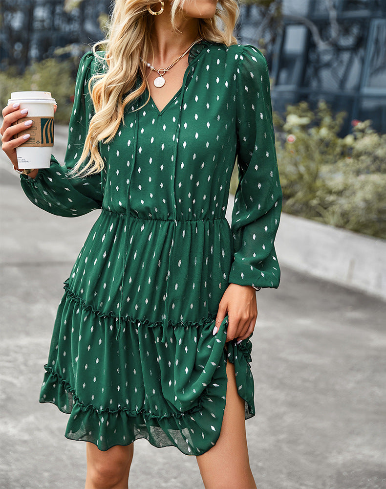 Casual V-Neck Polka Dot Long Sleeve Mini Dress