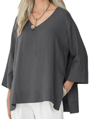 Comfortable Stitching Side Slit 3/4 Sleeves T-Shirt