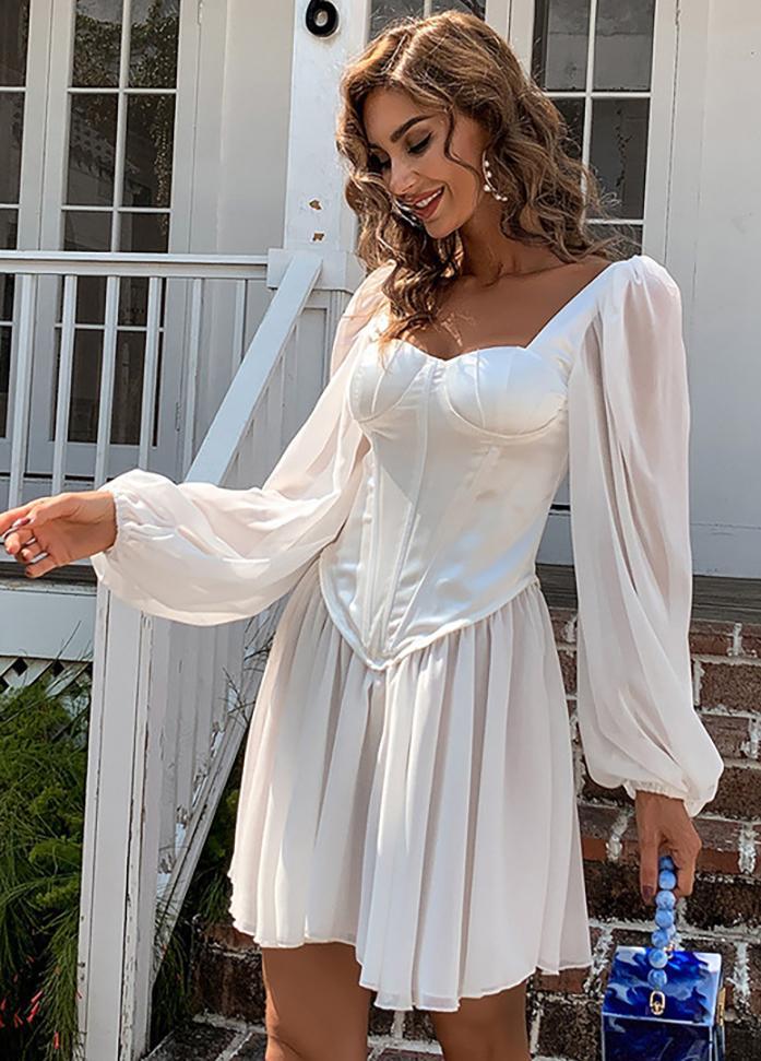 Flouncing Long Sleeve Solid Color Dress