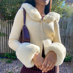 Fur Collar Crop Top Knit Button Down Sweater