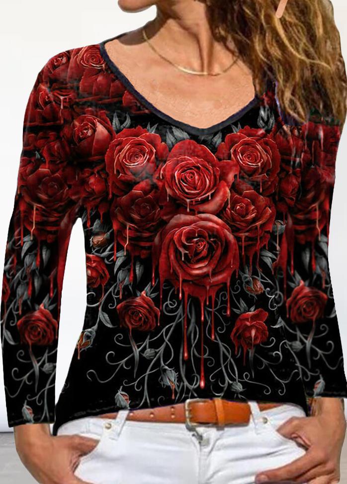 Floral Printed V Neck Long Sleeve T-shirt