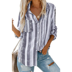 Casual V-Neck Long Sleeve Buttoned Striped Shirt