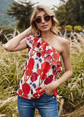 Flouncing Cold Shoulder Printed Tank Top