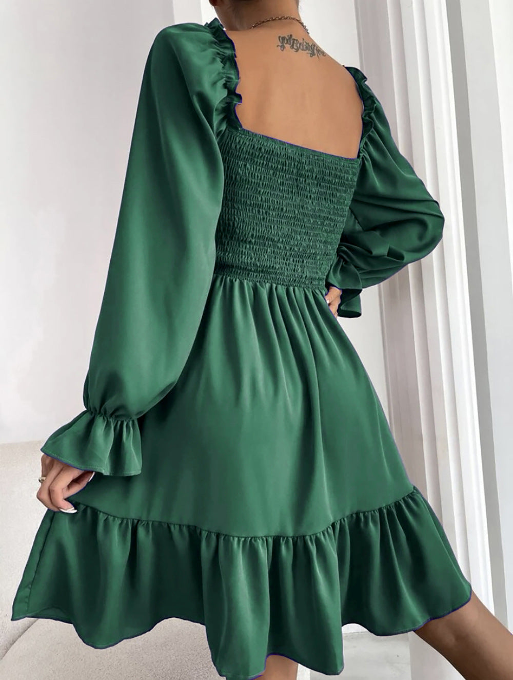 Square Neck Long Sleeve Elastic Waist Midi Dress