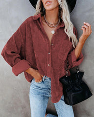 Button Down Long Sleeves Collar Corduroy Jacket Shirt for Women