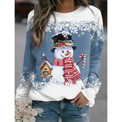 Casual Long Sleeve Crew Neck Snowman Print Sweatshirt