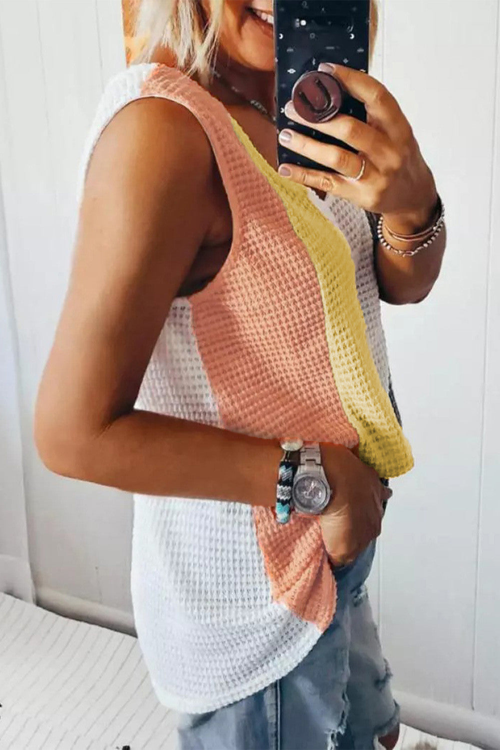 Colro Block V Neck Waffle Tank