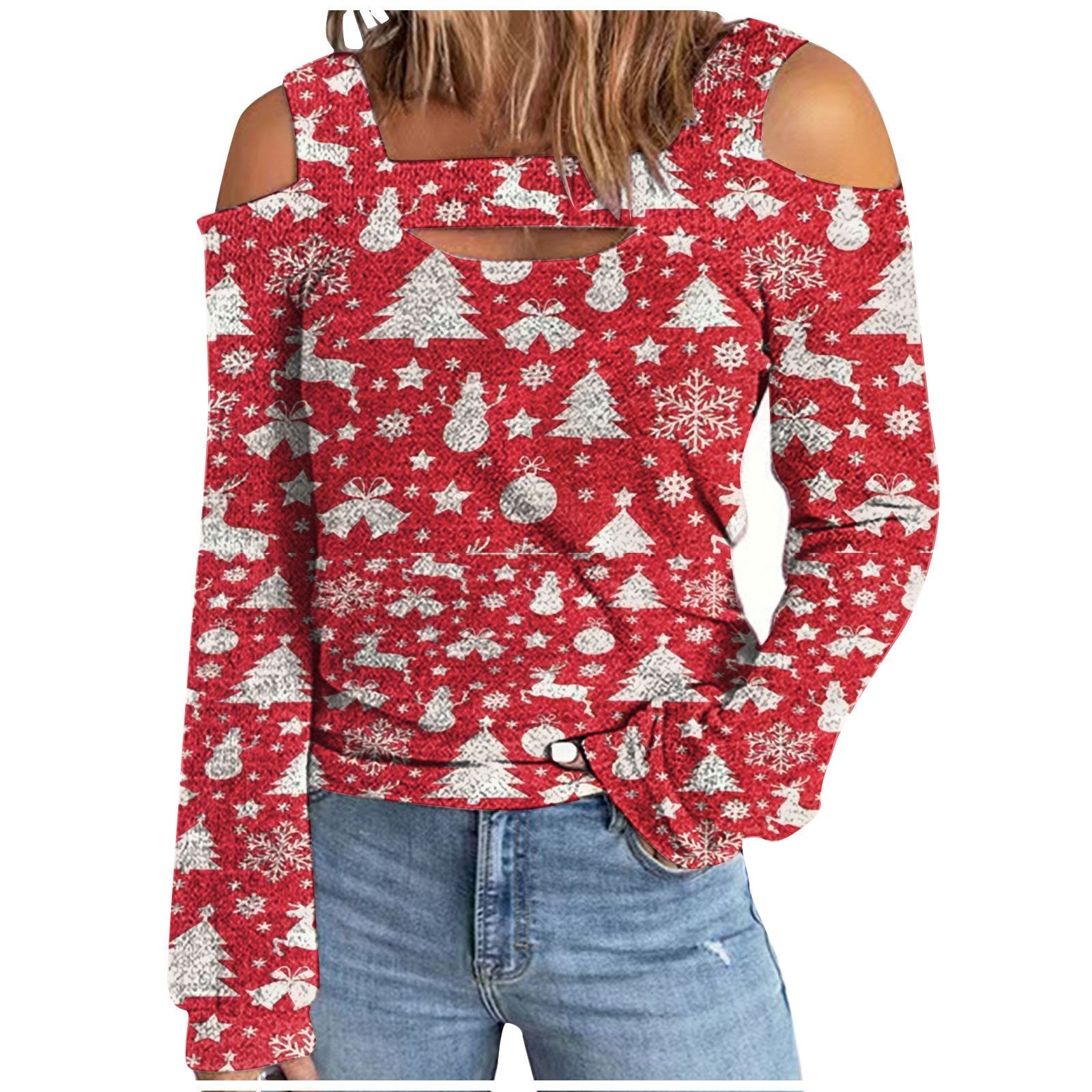 Long Sleeve Cut Out Printed Loose Christmas Blouse