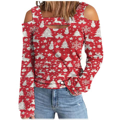 Long Sleeve Cut Out Printed Loose Christmas Blouse