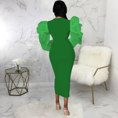 Elegant Puff Sleeve Bodycon Solid Color Crew Neck Dress