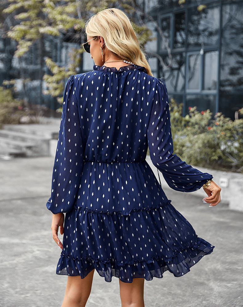 Casual V-Neck Polka Dot Long Sleeve Mini Dress