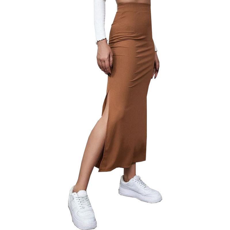 Casual High Waist Side Slit Midi Skirt