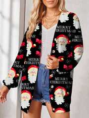 Long Sleeve Open Front Christmas Printed Cardigan
