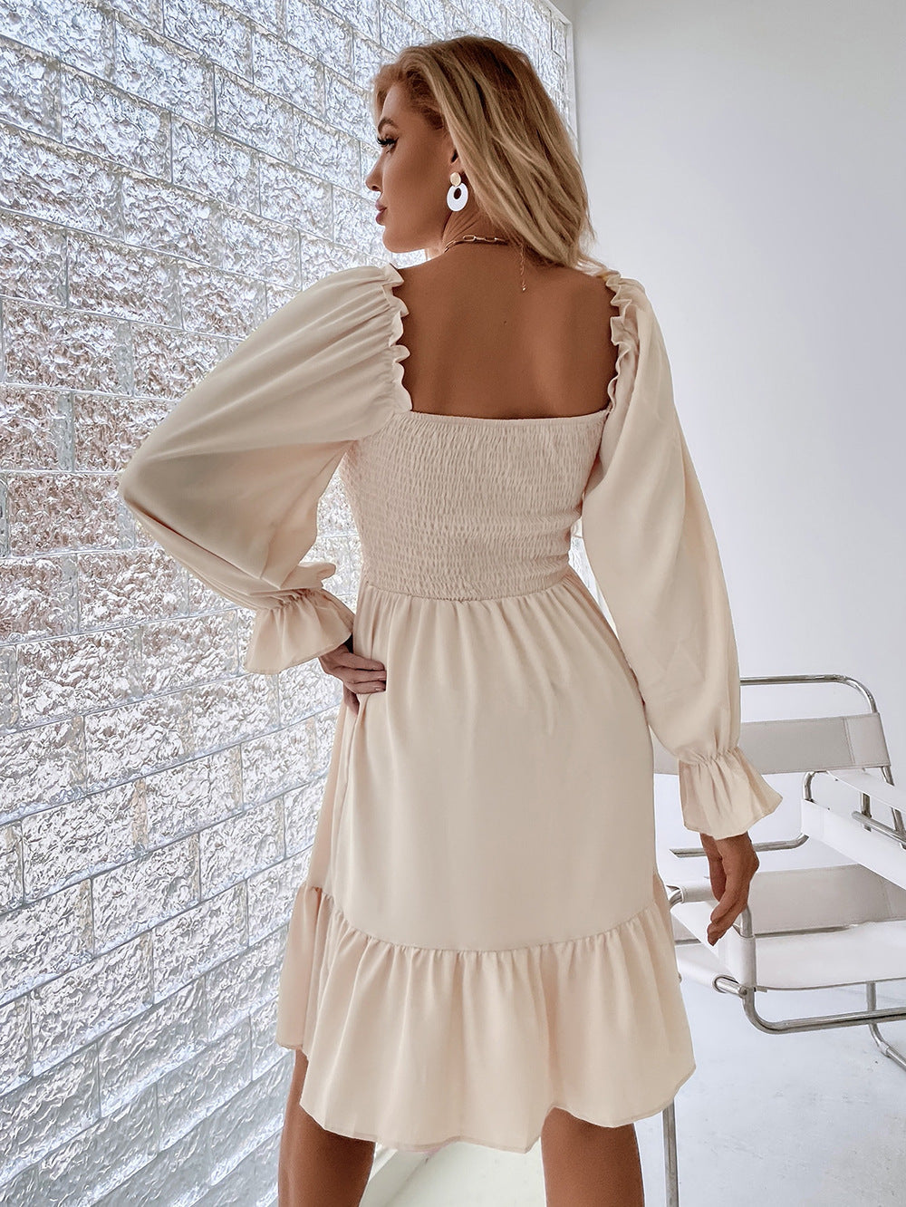 Square Neck Long Sleeve Elastic Waist Midi Dress