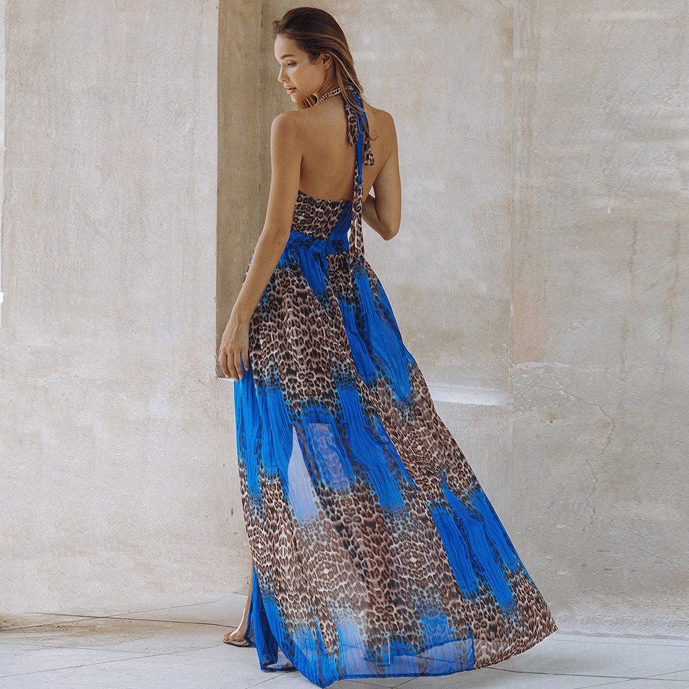 Fashion Tie Shoulder Side Slit Leopard Print Maxi Dress