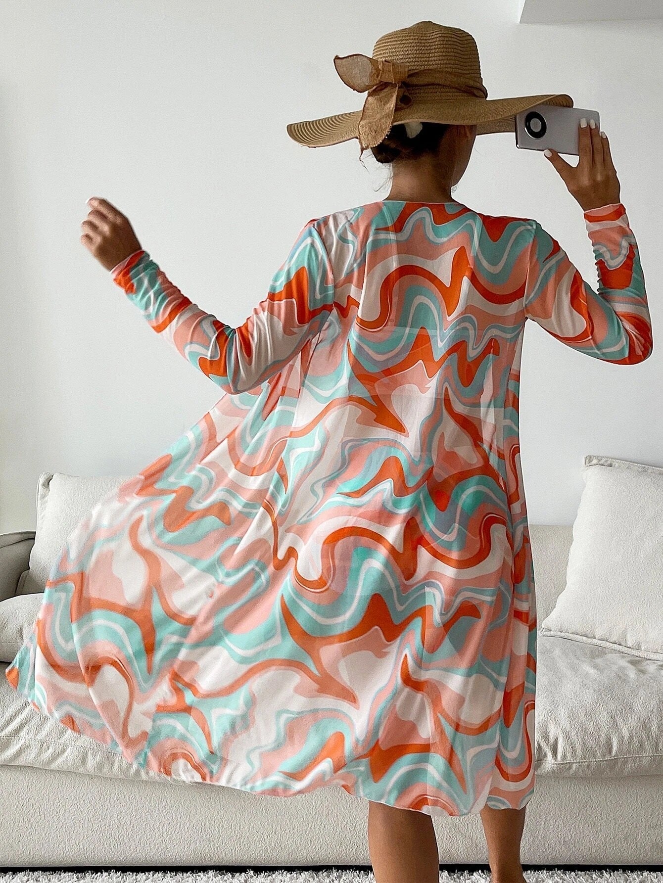 Three Piece Drawstring Printed Bikini High Waisted Short and Long Sleeve Cover Up Swimwear Set