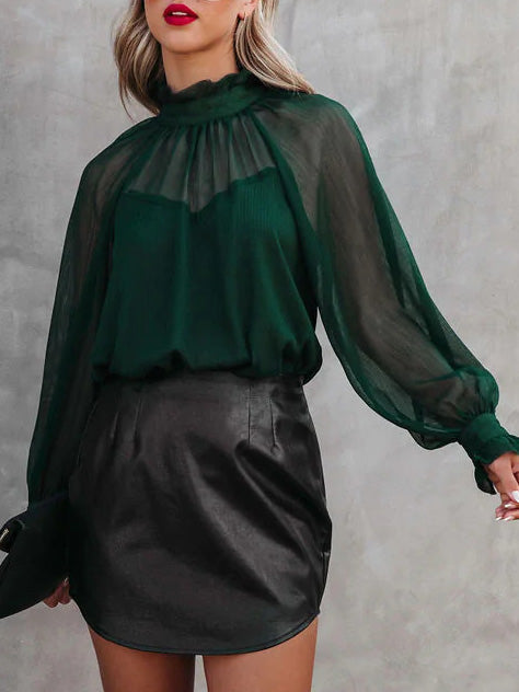 Women's Blouses Turtleneck Balloon Sleeve Chiffon Blouse