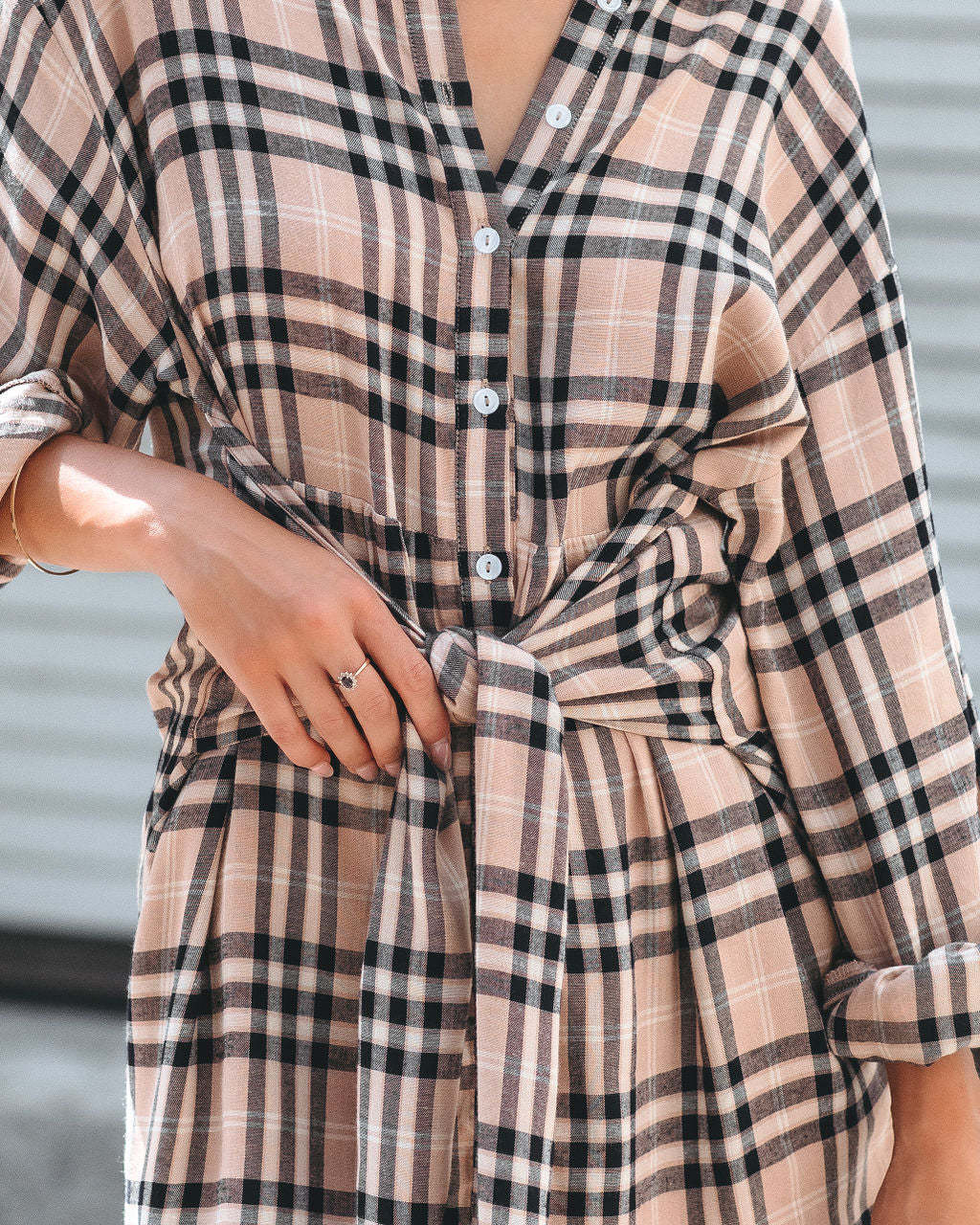 Fashion Tartan Button Belt Long Sleeve Mini Dress