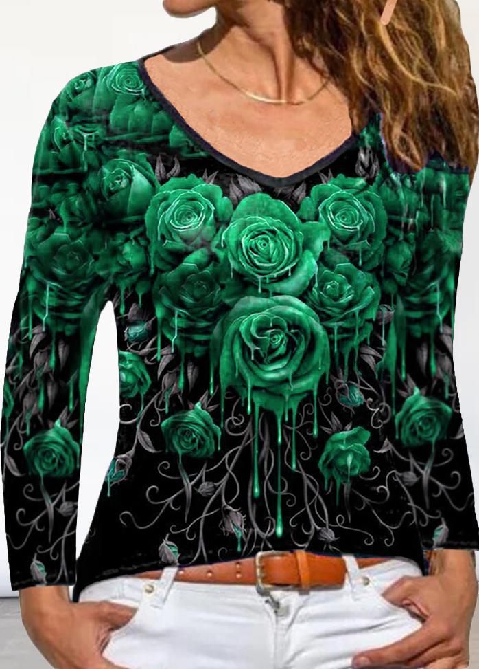 Floral Printed V Neck Long Sleeve T-shirt