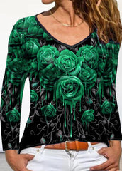 Floral Printed V Neck Long Sleeve T-shirt