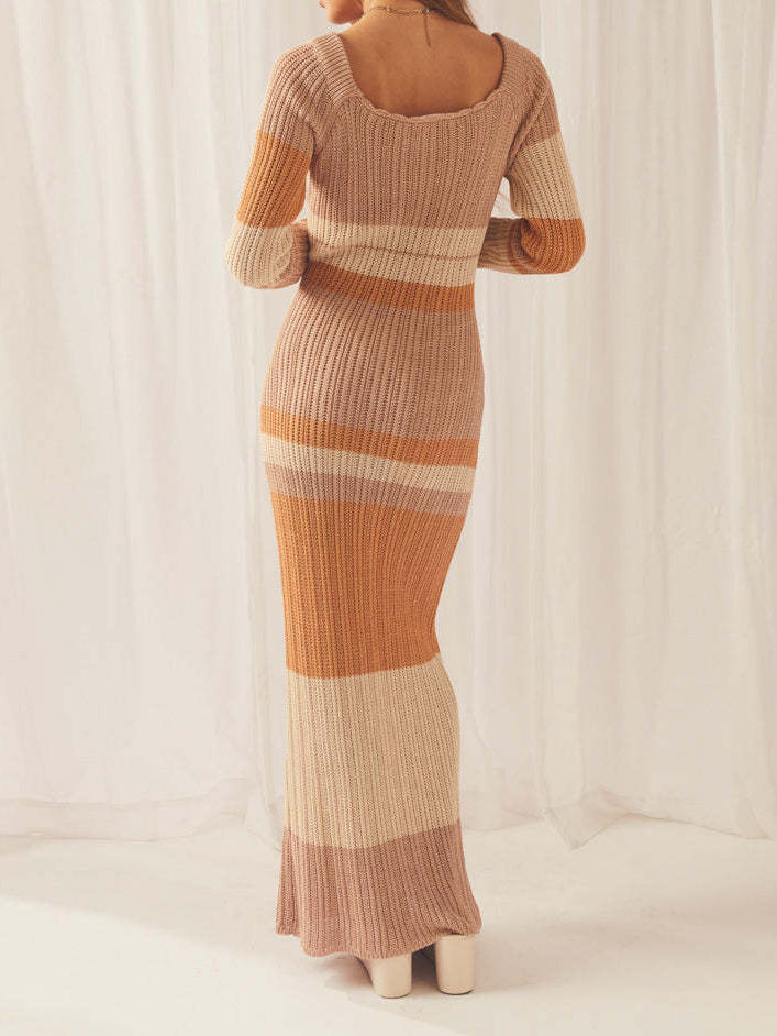 Casual Long Sleeve Printed Knit Maxi Dress