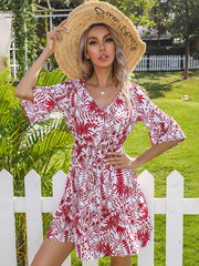 Women's Dresses Vintage Print Bell Sleeve V Neck Mini Dress