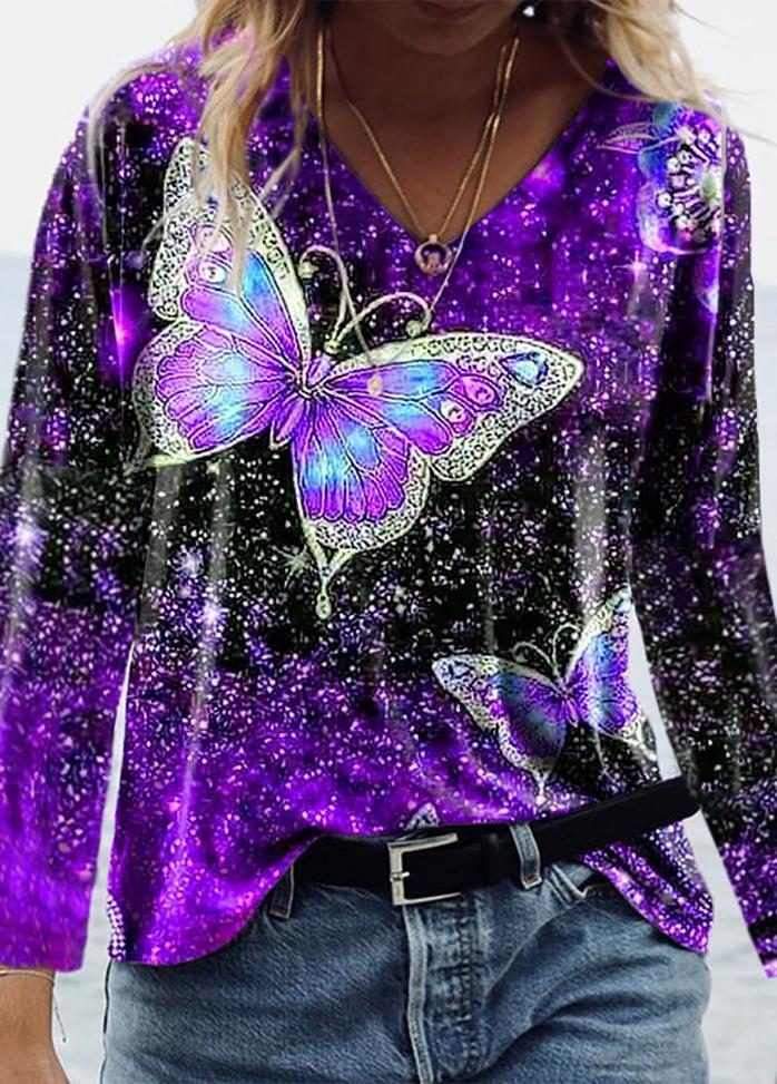 Butterfly Printed V Neck Long Sleeve T-shirt