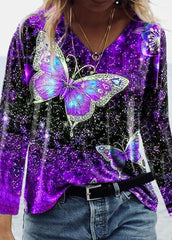 Butterfly Printed V Neck Long Sleeve T-shirt