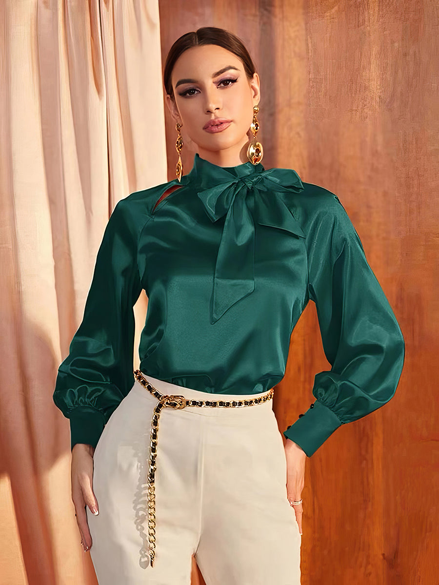 Women's Blouses Elegant Solid Color Bow Tie Collar Long Sleeve Blouse
