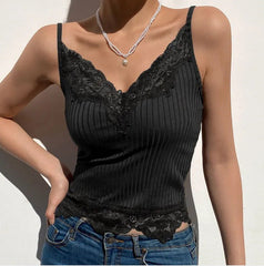 Spaghetti Strap V-Neck Solid Color Lace Tank Top