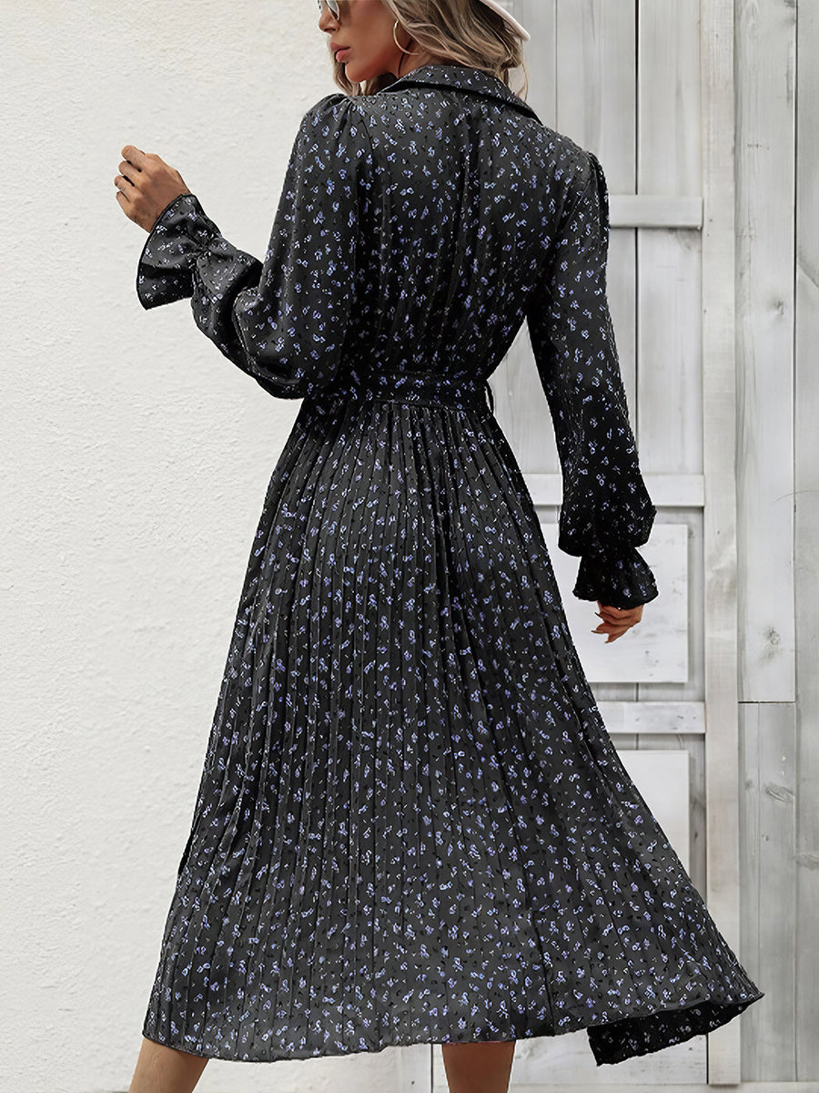 Women Dresses Fashion Pleated Tie Long Sleeve Midi Dress