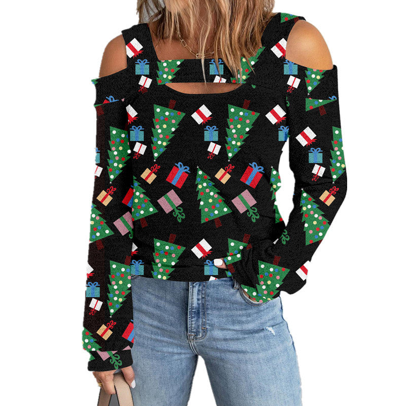Long Sleeve Cut Out Printed Loose Christmas Blouse