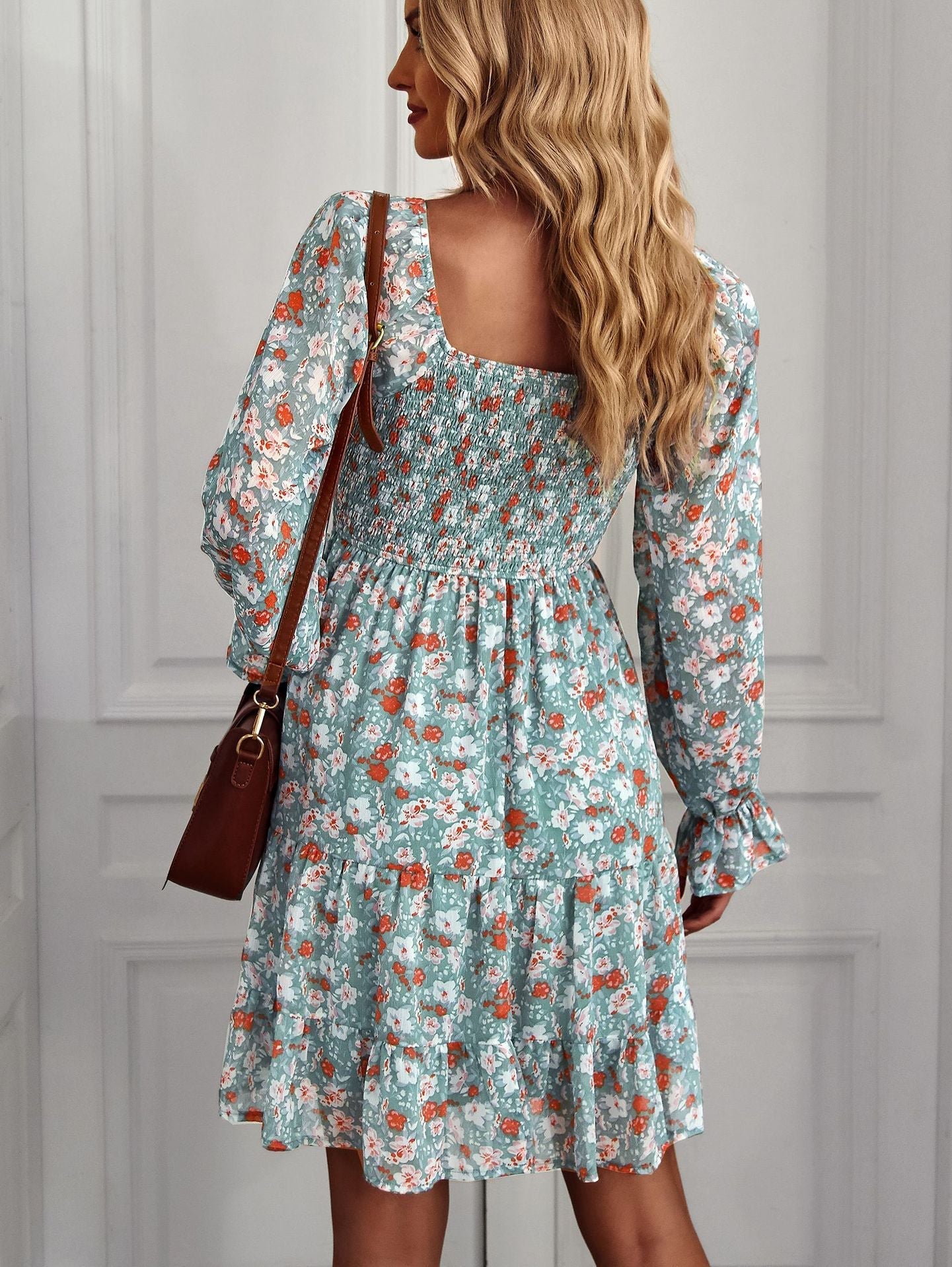 Square Neck Long Sleeve Fit Flare Mini Dress