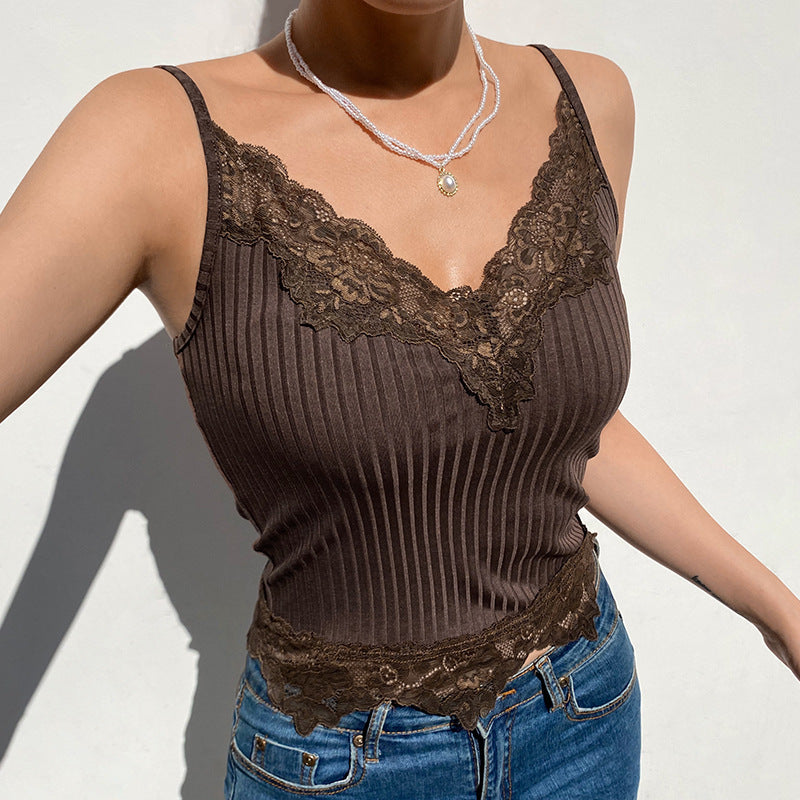 Spaghetti Strap V-Neck Solid Color Lace Tank Top