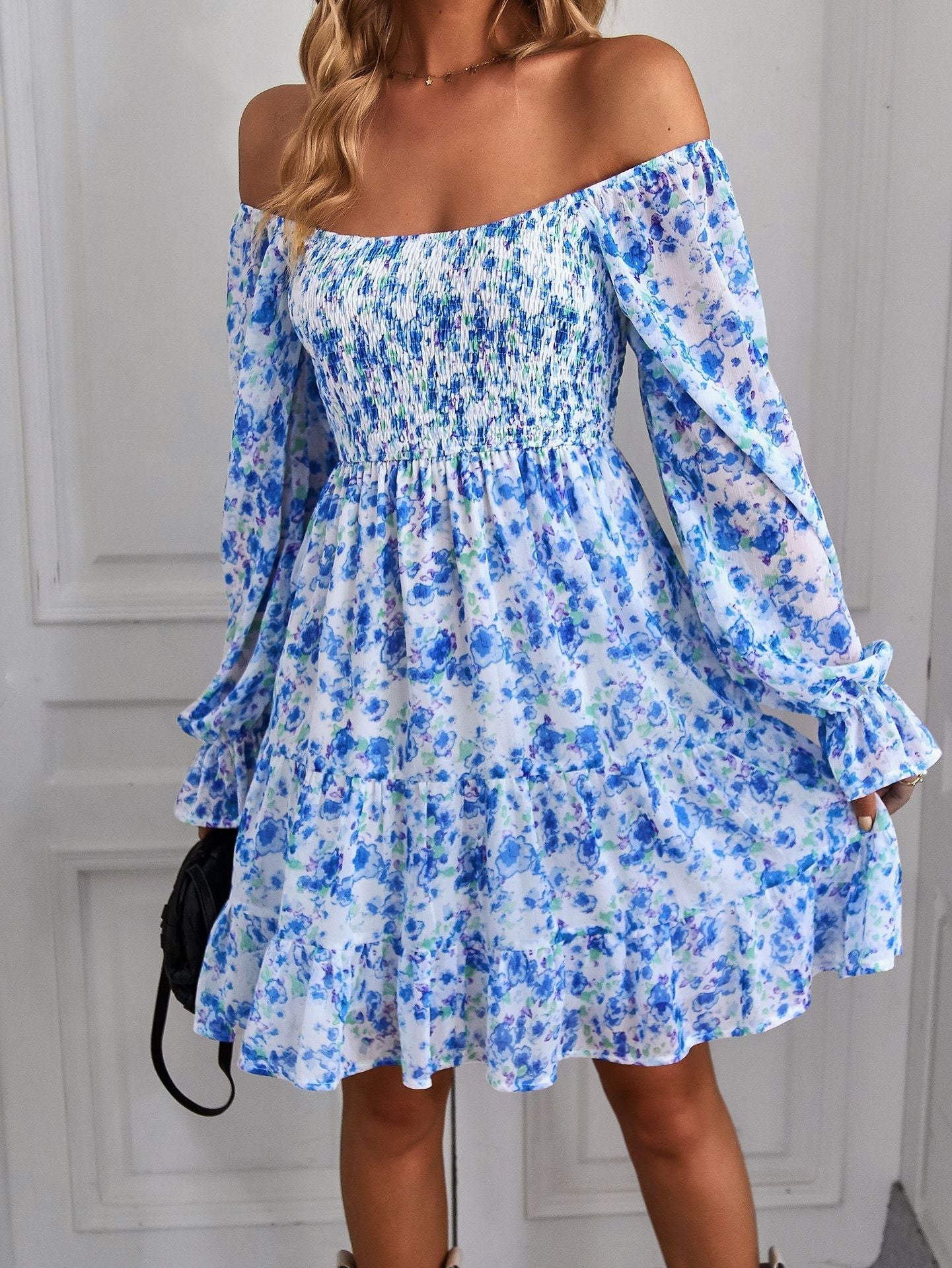 Square Neck Long Sleeve Fit Flare Mini Dress