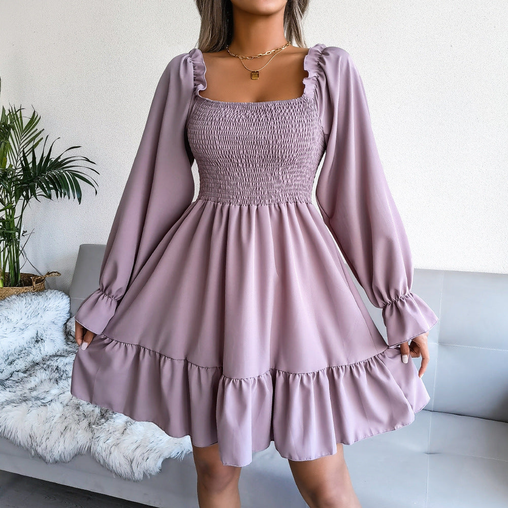 Square Neck Long Sleeve Solid Flared Mini Dress