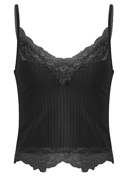 Spaghetti Strap V-Neck Solid Color Lace Tank Top