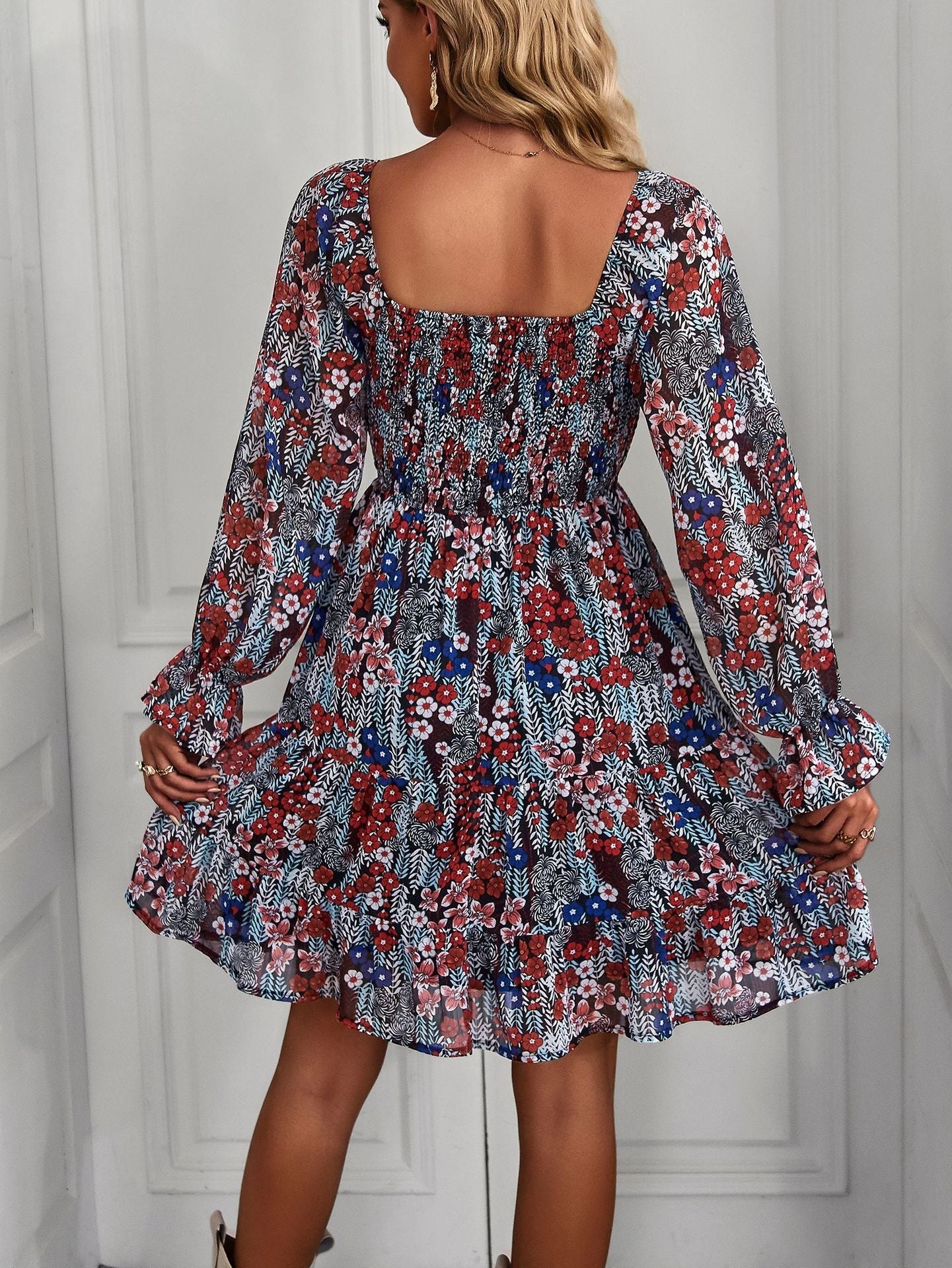 Square Neck Long Sleeve Fit Flare Mini Dress