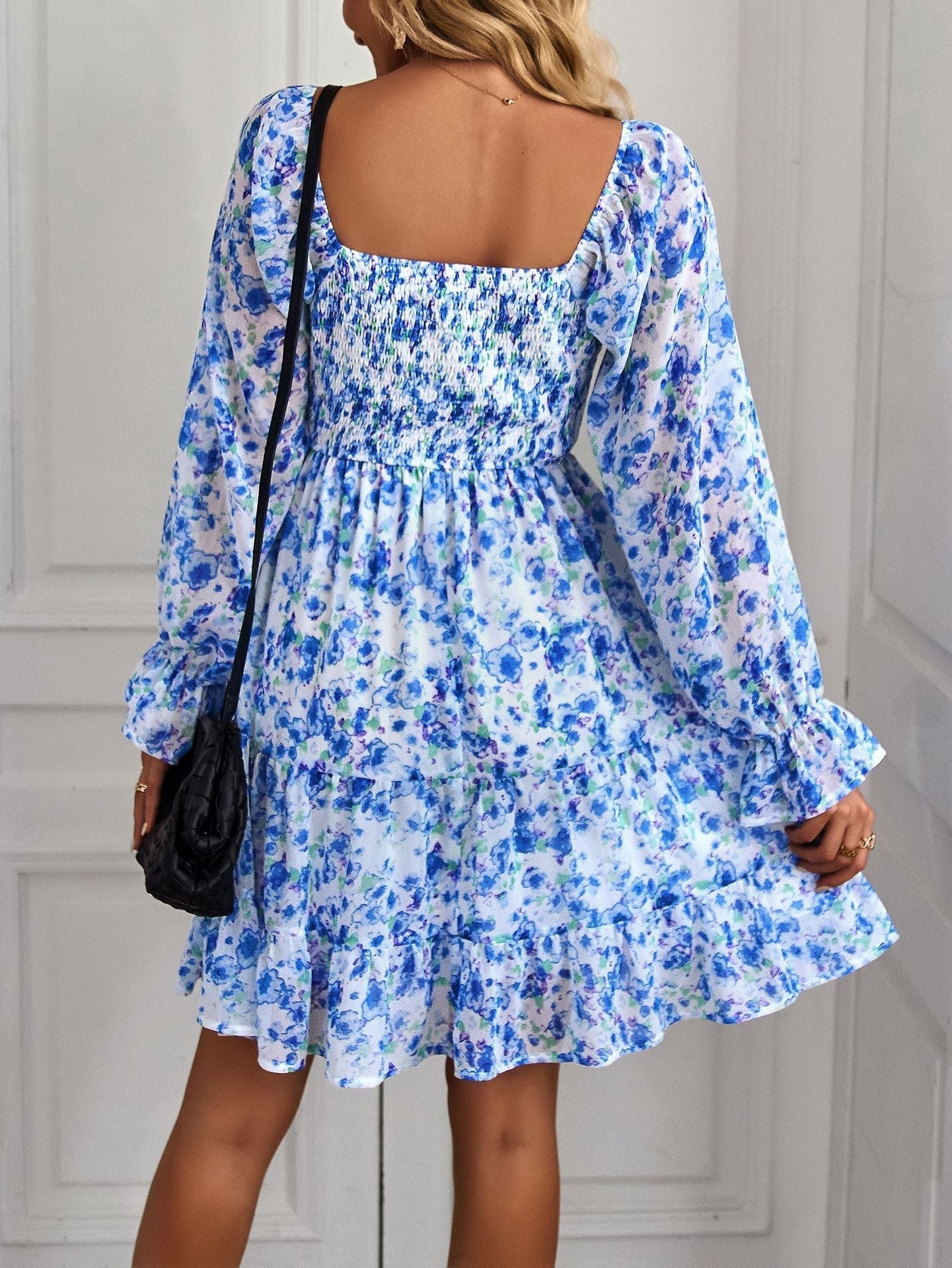 Square Neck Long Sleeve Fit Flare Mini Dress