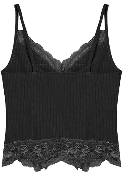 Spaghetti Strap V-Neck Solid Color Lace Tank Top