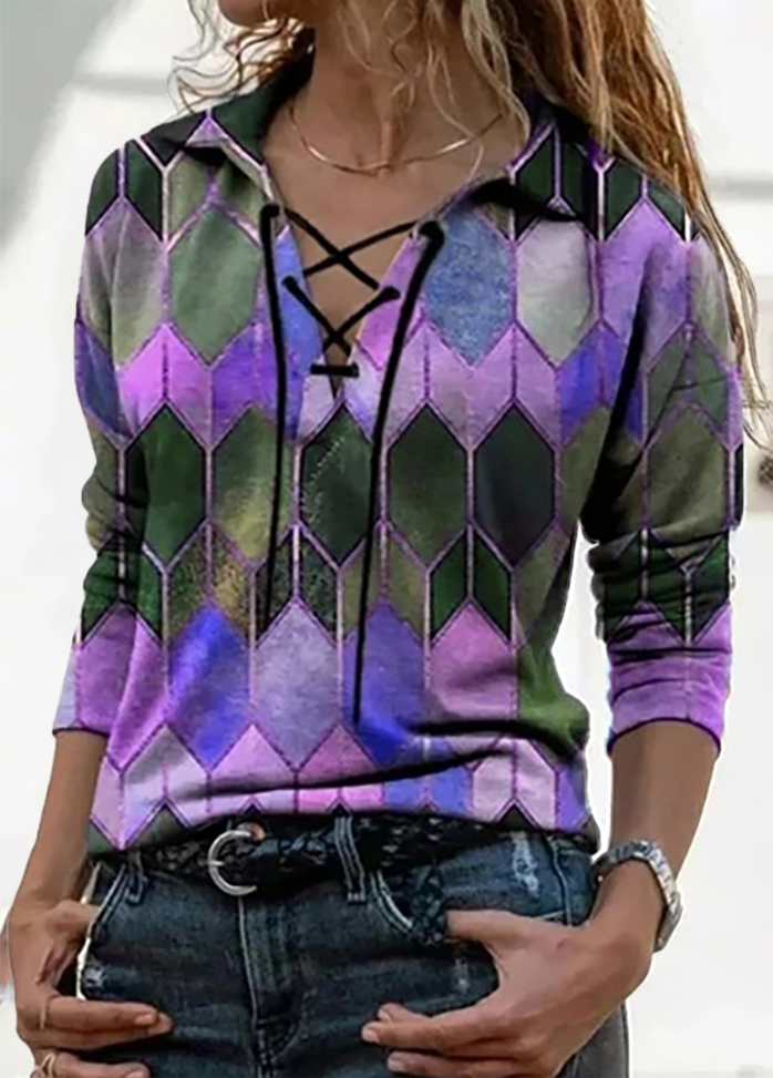 Long Sleeve Drawstring V Neck Printed T-shirt