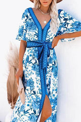 Floral Slit Lace-Up Maxi Dress