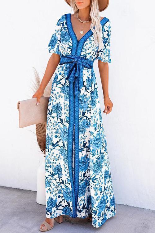 Floral Slit Lace-Up Maxi Dress