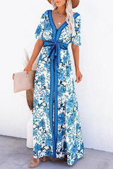 Floral Slit Lace-Up Maxi Dress