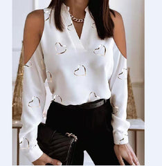 Elegant Hollow Out Long Sleeve Printed V Neck Shirt Top