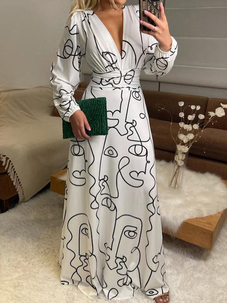 Women's Dresses Abstract Line Print V-Neck Long Sleeve Dress