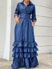 Women's Dresses Lapel Belt Long Sleeve Ruffle Dress